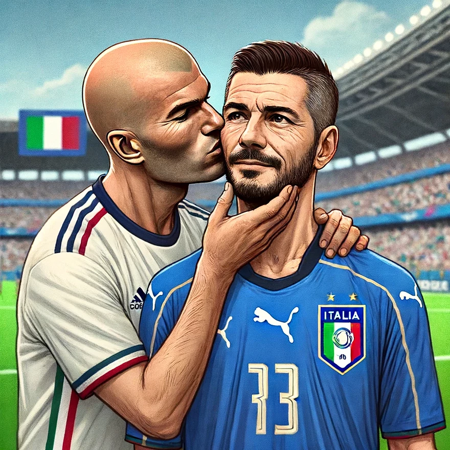 DALL·E 2024-06-15 21.20.36 - Zinedine Zidane kissing Marco Materazzi on the cheek. Zidane, in a French national team jersey, gently kissing Materazzi, who is in an Italian nationa