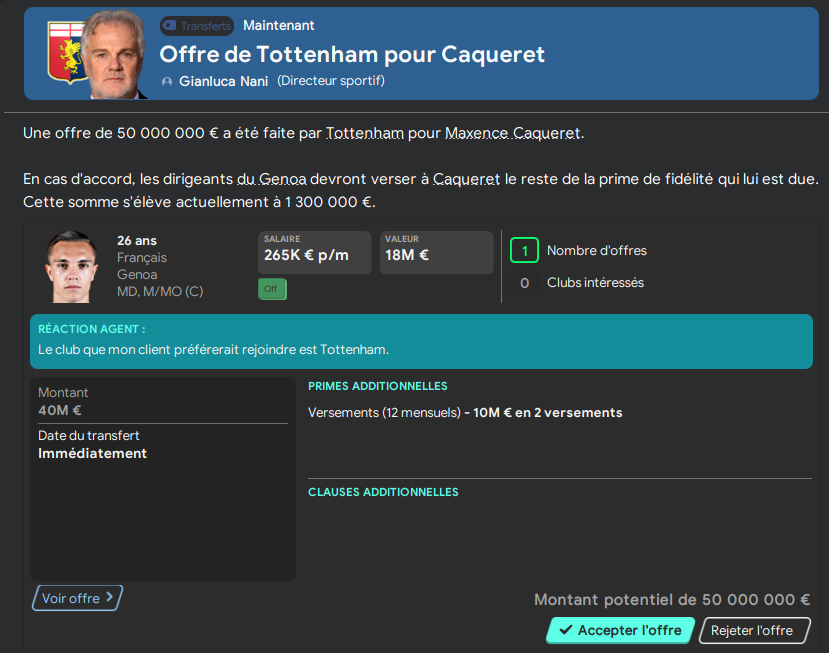 50M€ Caqueret Tottenham, 75%