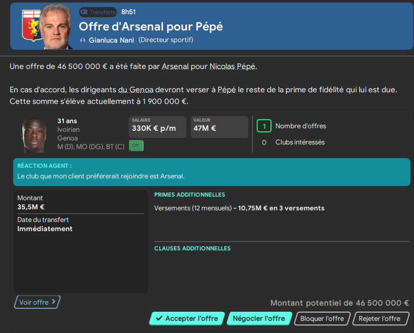 Offre 46.5M€ Pepe Arsenal, 75%