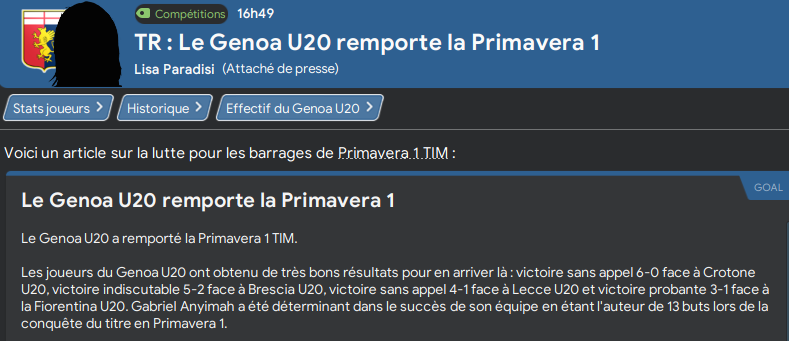 Genoa U20 trophée, 75%
